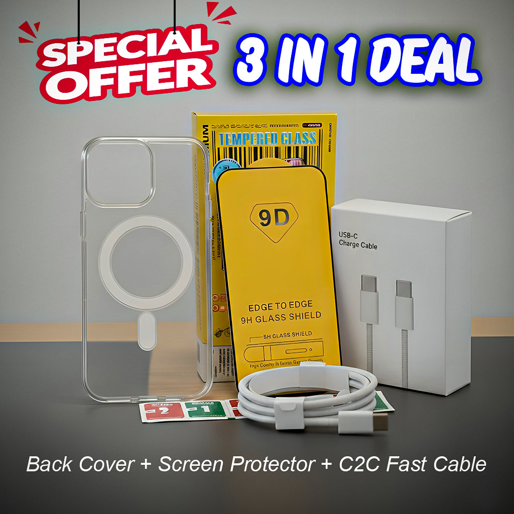 3-in-1 Mobile Protection Bundle – Magnetic Transparent Back Cover + 9D Tempered Glass + USB-C to USB-C Fast Charging Cable