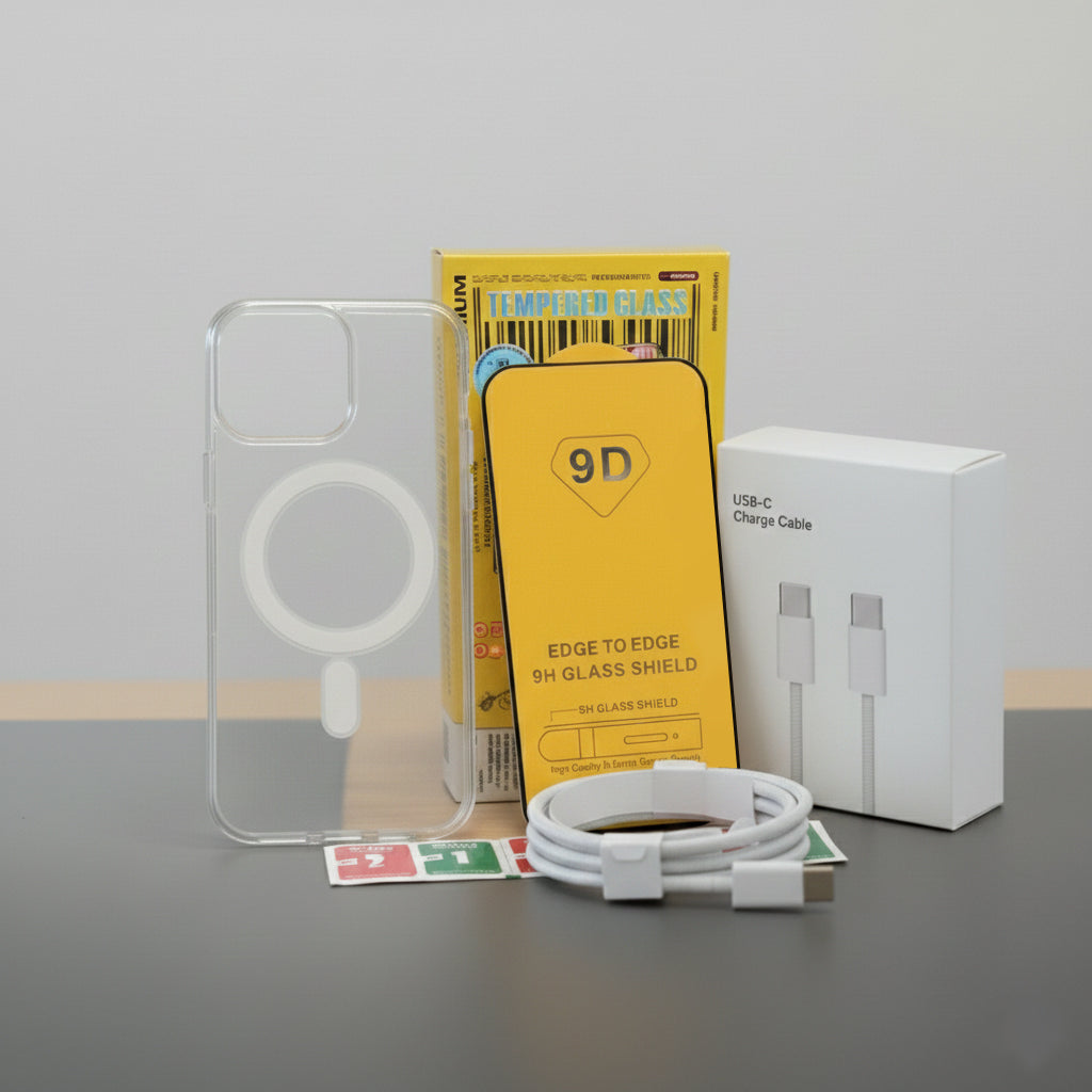 3-in-1 Mobile Protection Bundle – Magnetic Transparent Back Cover + 9D Tempered Glass + USB-C to USB-C Fast Charging Cable